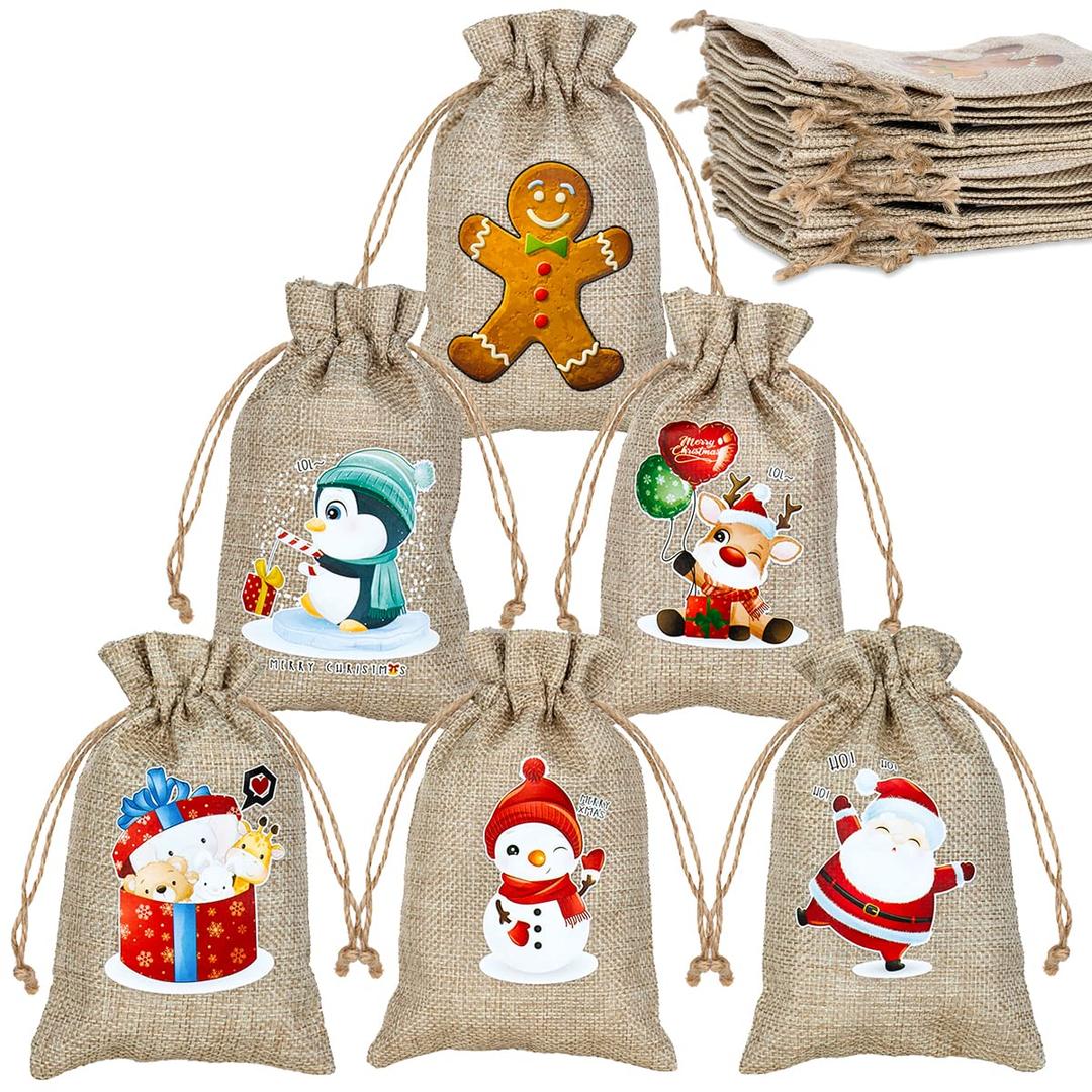 ARTLYMERS 24 Pack Christmas Jute Burlap Bags, Christmas Drawstring Gift Bags for Xmas Presents Holiday Party Favor Treats Candy, 6 Designs