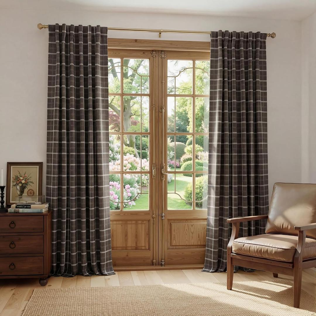 NICETOWN Autumn Plaid 100% Blackout Window Curtain Buffalo Check Energy Efficient 84 Inches Long for Bedroom Living Room Rod Pocket Back Tab Rustic Farmhouse Thermal Insulated Drape, 52"x 96", Brown