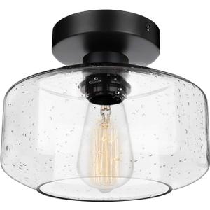 SunRider Industrial Semi-Flush Mount Ceiling Light Fixture, Modern Seeded Glass Pendant Lamp, Black Farmhouse Hanging Lighting for Bedroom Hallway