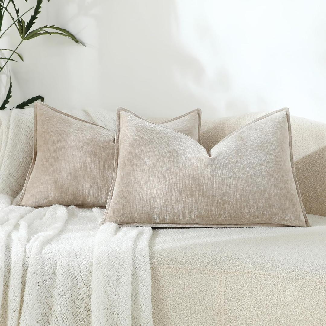 Stellhome Lumbar Chenille Throw Pillow Covers Set of 2 Super Soft Textured Decorative Pillow Covers Accent Solid Cushion Cover for Couch Sofa Bedroom Living Room 12x20 Inch, Light Tan