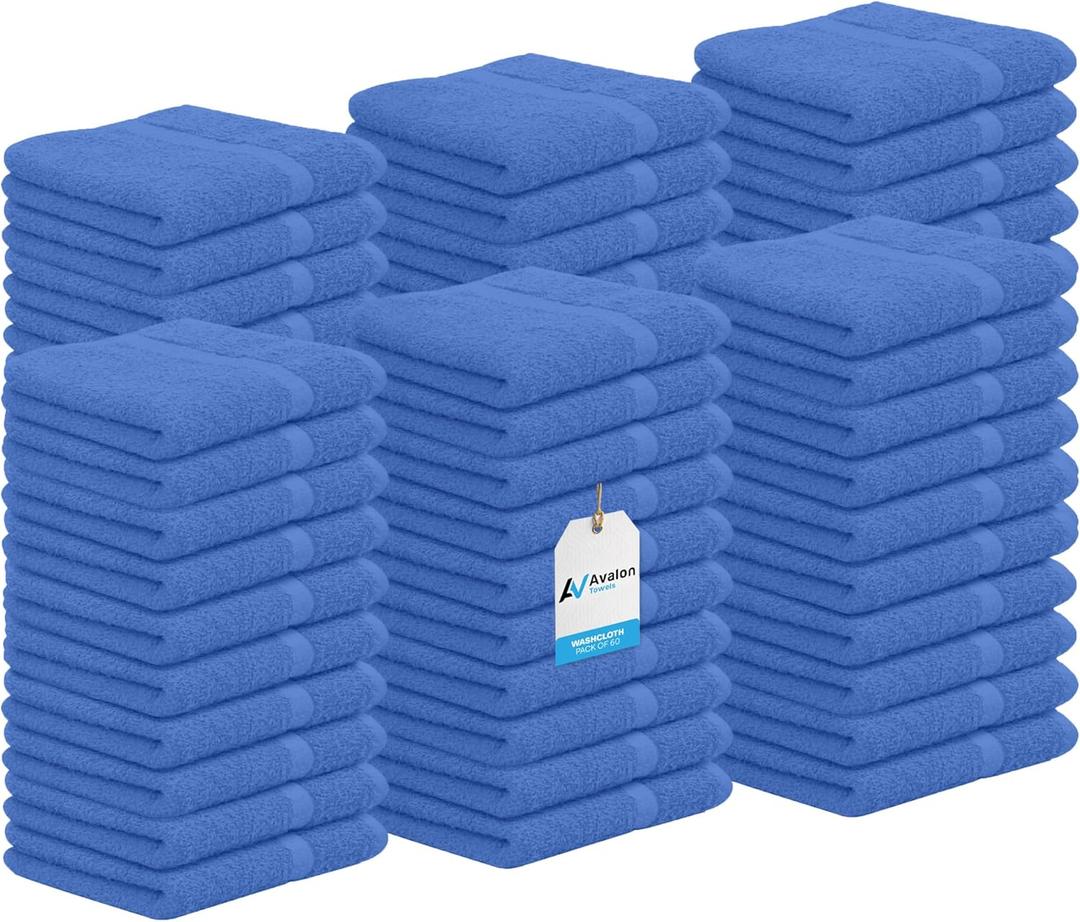 Avalon Towels Cotton Washcloths (Pack of 60) Size 12x12 Inches, 100% Ring Spun Cotton, Soft & Absorbent Face Towels, Gym Towels, Hotel and Spa Quality, Reusable Fingertip Towels (Blue)