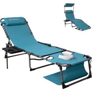 FUNDANGO 4 in 1 Tanning Chair with Face Hole, Beach Lounge Chair w/Canopy Shade & Side Table Chaise Lounge Chairs for Patio, Pool, Lawn, Sunbathing, 5-Position Adjustable Sun Lounger, Cyan