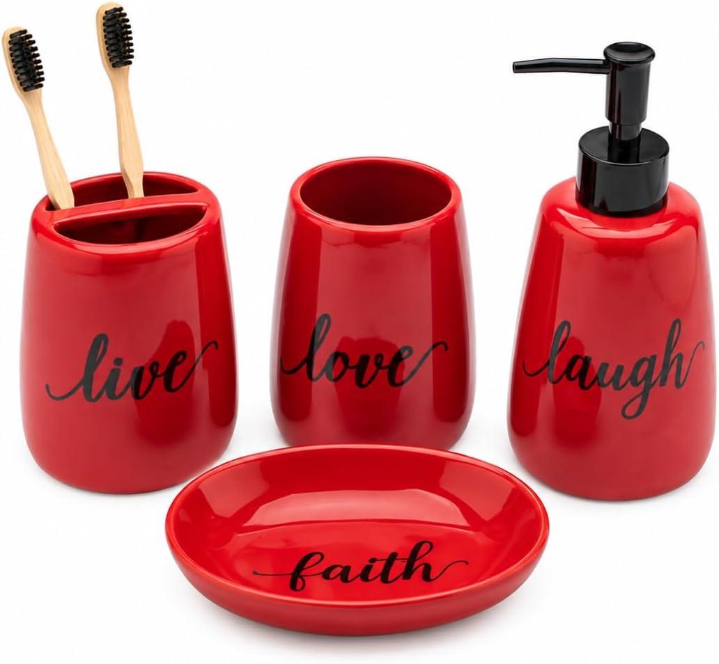 Red Ceramic Bathroom Accessories Set, 4 Piece Farmhouse Bathroom Decor, Soap Dispenser, Toothbrush Holder, Tumbler & Soap Dish, Live Love Laugh Faith Bathroom Countertop Set