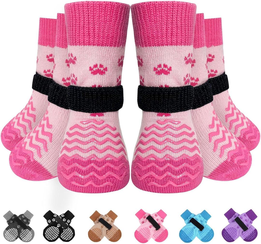 EXPAWLORER 6Pcs Anti Slip Dog Socks to Prevent Licking Paws, Dog Shoes for Hot Pavement Double Sides Dog Boots & Paw Protectors Booties for Hardwood Floors with Grip Small Medium Large Senior Dogs, XS (Pink)