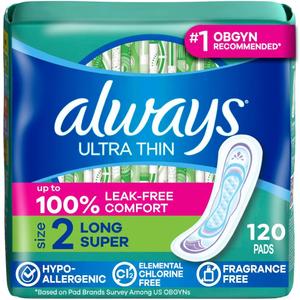 Always Ultra Thin Feminine Pads Without Wings for Women, Size 2, Long Super Absorbency, Unscented, 40 Count x 3 Pack (120 Count Total) 