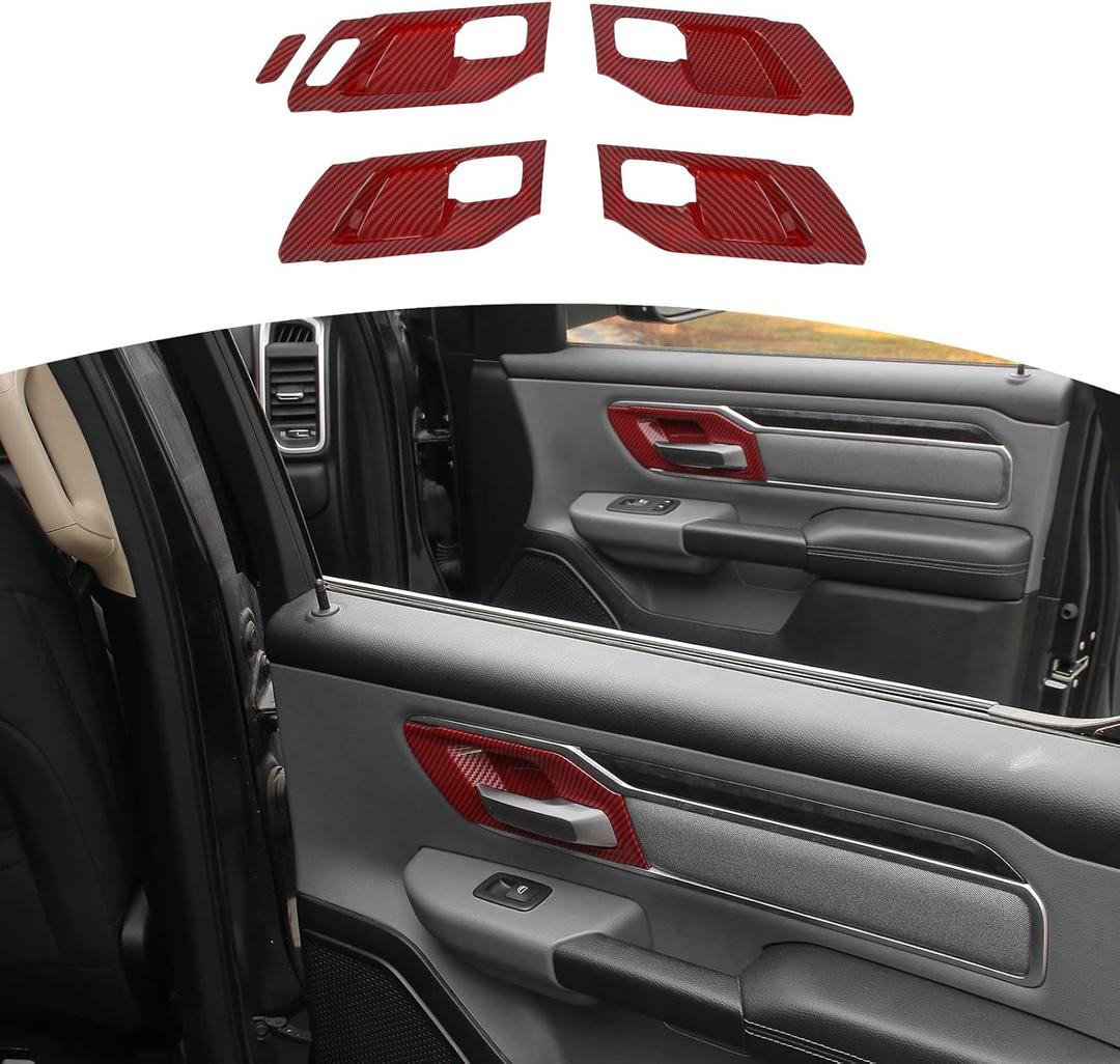 for RAM TRX Inner Door Handle Cover Trim Bowl Fit for Dodge RAM TRX 2018-Present Red Carbon Fiber Interior Accessories 4pcs (Small)
