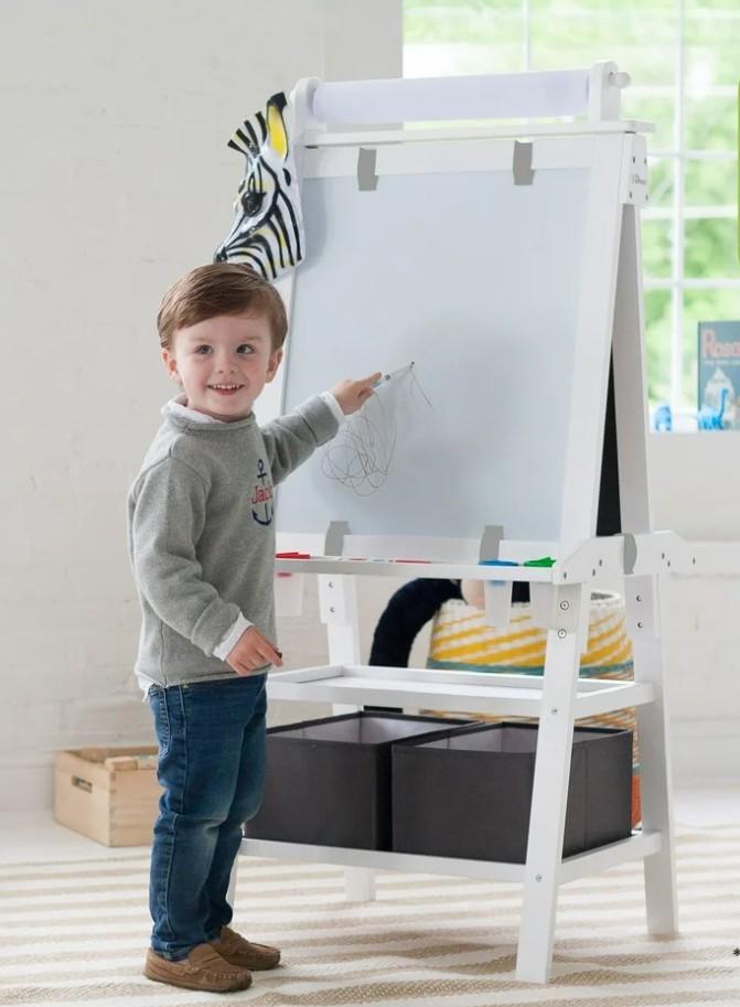 Little Partners Deluxe Learn 'N Play Toddler Easel for Kids, Two-Sided Art Center with Chalkboard, Magnetic Dry Erase Whiteboard, Paper Feed, Storage Bins, Paint Containers (Soft White)