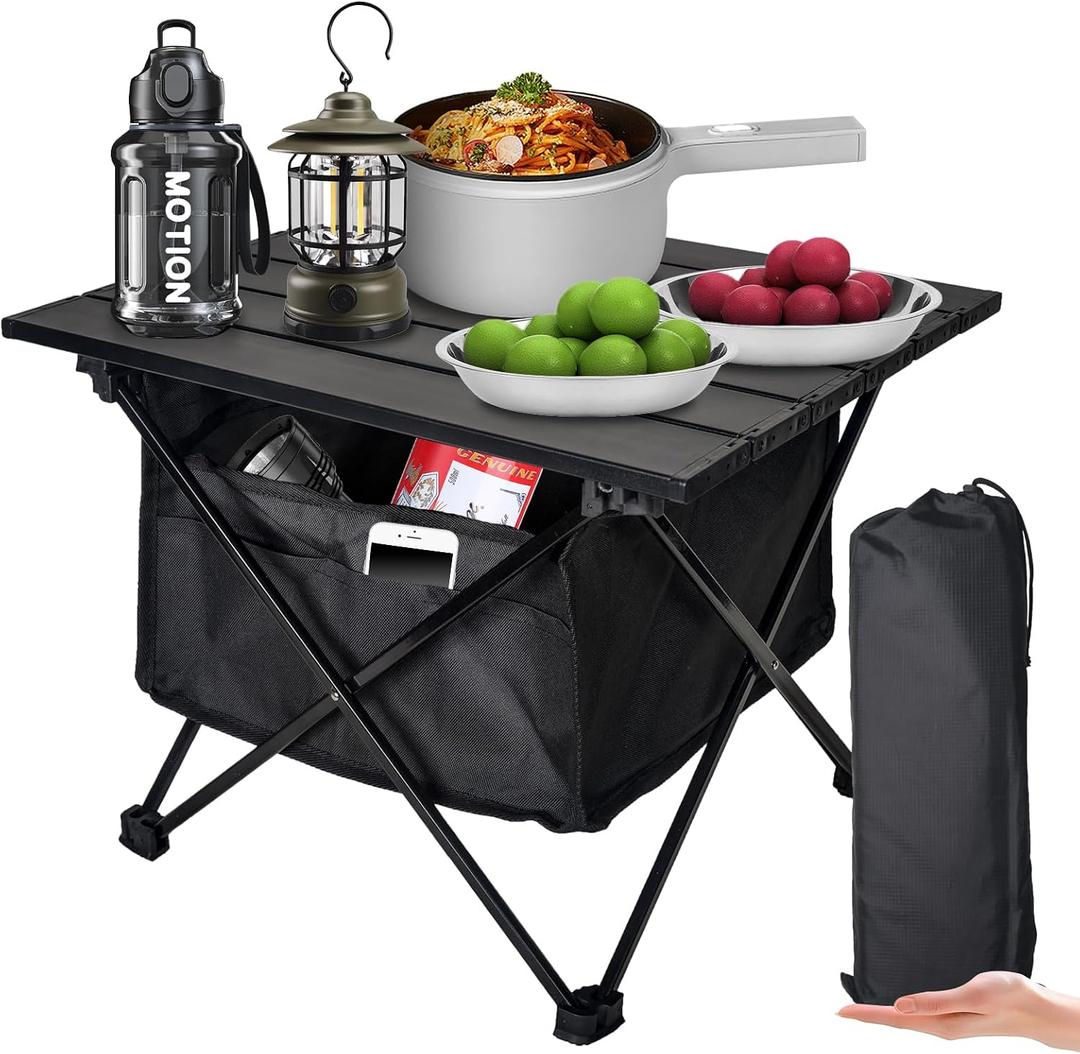 Foldable Camping Side Table, Ultralight Small Beach Aluminum, Portable Outdoor Table with Carry Bag and Storage for Picnic, Grill, Hiking, Fishing, Sand, Camping, Black, 16 Small