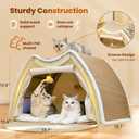 Cat Houses for Indoor Cats - 4 Seasons Cat Bed Cave with Natural Sisal Cat Scratcher Mat, Solid Wood Frame Cat House with Curtains and Cat Floor Scratching Pad Rug, Protect Couch and Carpets, M