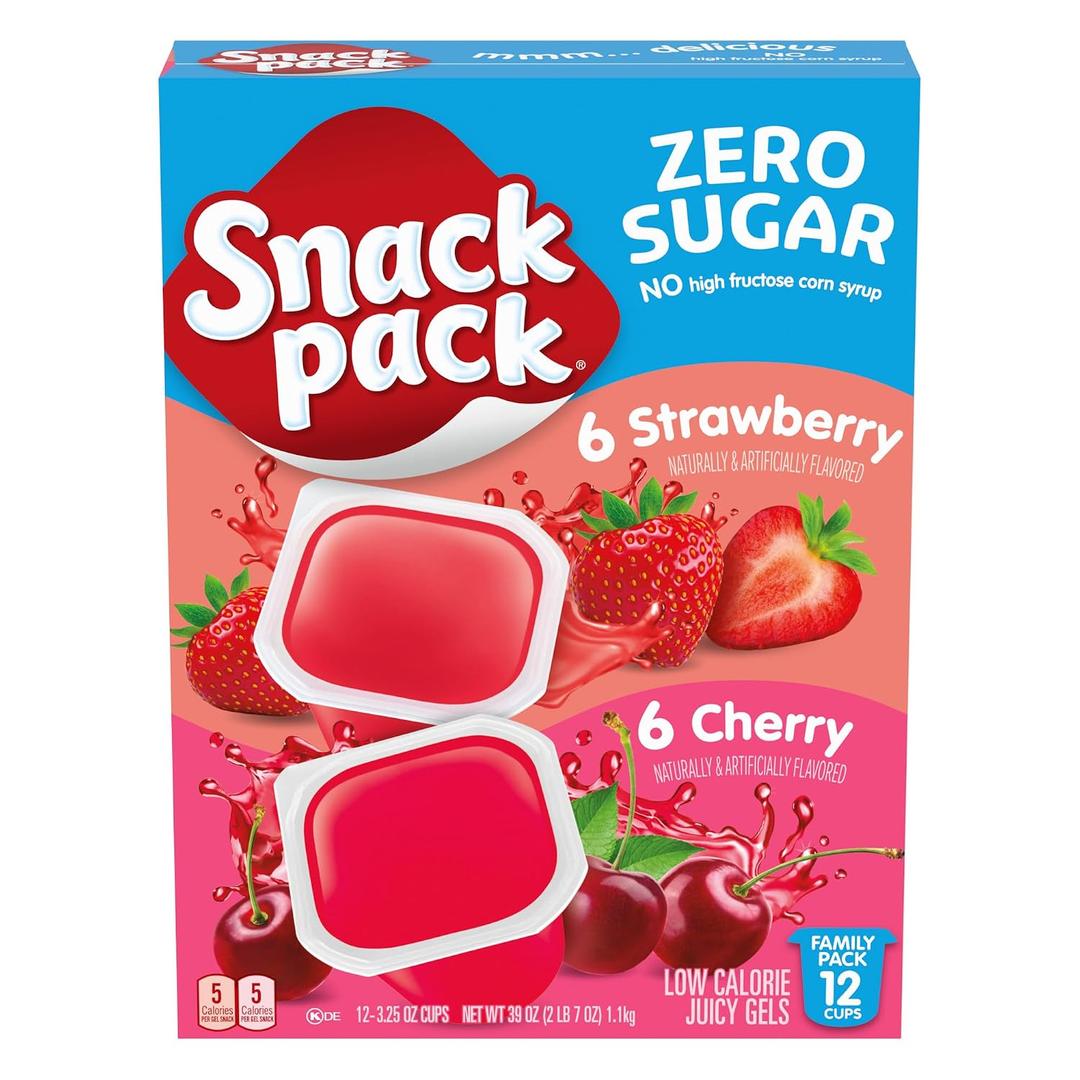 Snack Pack Zero Sugar Strawberry and Cherry Flavored Low Calorie Juicy Gels Cups, 3.25 oz., 12-Count Family Pack (EXP 06/09/27)