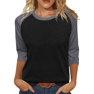 Heymiss Womens Tops 3/4 Sleeve Shirts Round Neck Loose Casual Tshirts Color Block Summer Tees (Black, S)