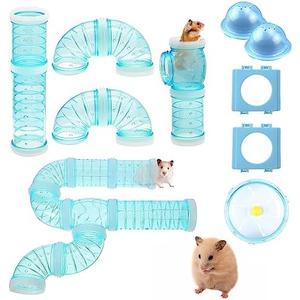IBEQUEM 2 Hamster Tubes Kits, Hamster Tunnel Adventure External Pipe, Transparent DIY Creative Connection Cage & Accessories, Wheel for Pet Mouse Rat Small Animal (Blue)