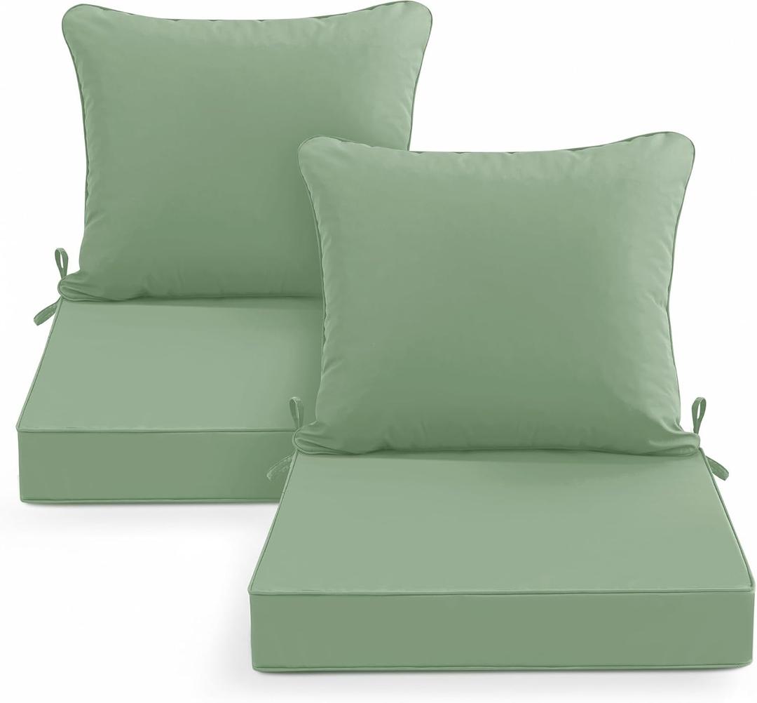 Summsun Waterproof Outdoor Patio Cushions with Removable Cover, Fade Resistant Back Pillow and Seat Cushion Set for Yard Porch Garden, 19 x 19 Inch, Sage Green, Set of 2, 19*19 + 19*17 Inch