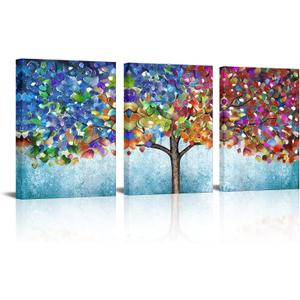 HOMEOART Tree of Life Wall Art 3Pcs Abstract Colorful Blooming Tree Painting Framed Canvas Artwork Living Room Bedroom Home Wall Decor 12"x16"x3Pcs