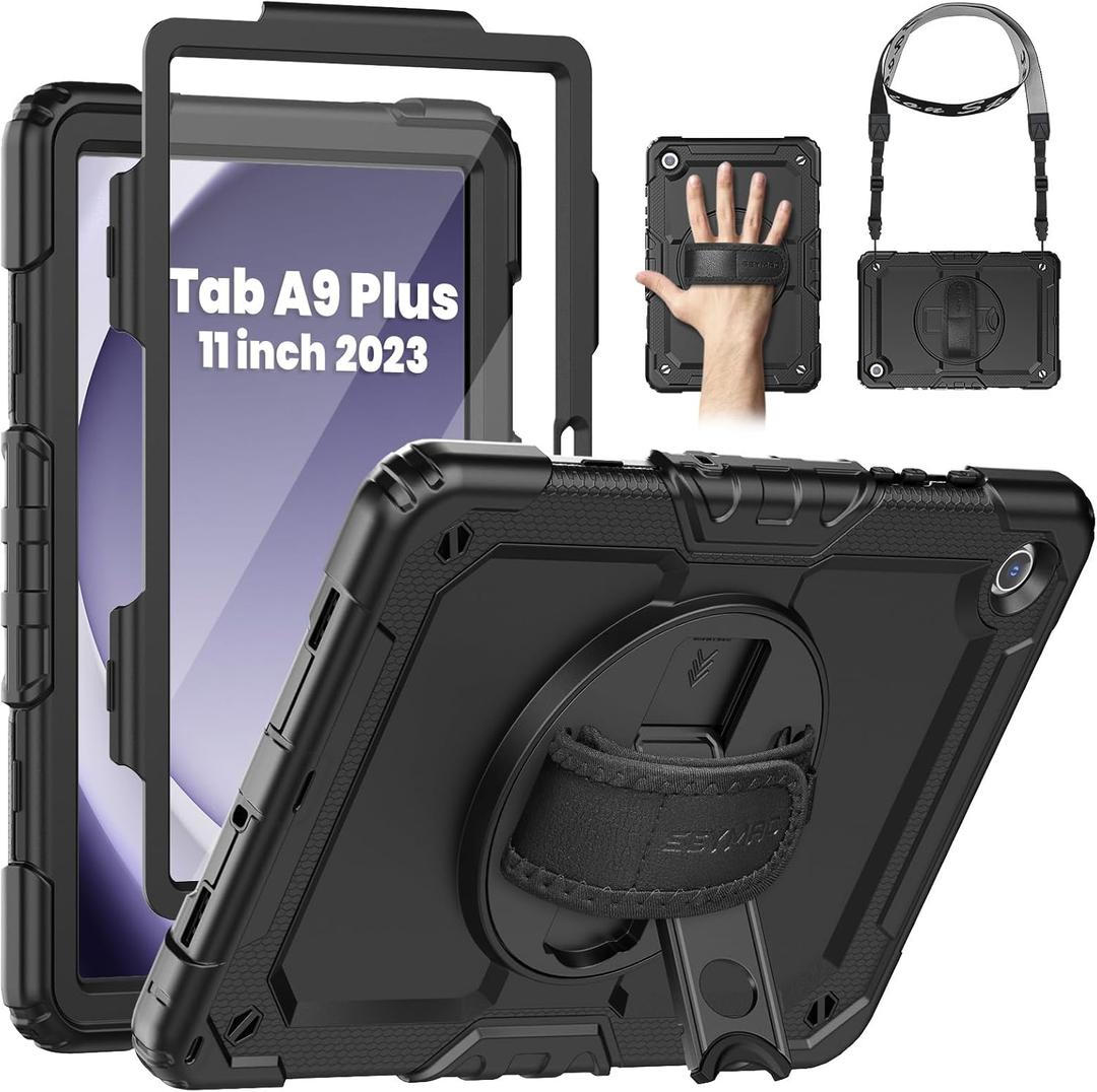 SEYMAC Case for Samsung Galaxy Tab A9+/ A9 Plus Case 11" 2023 (SM-X210/X216/X218), Heavy Duty Shockproof Protective Case with Screen Protector, Rotating Stand and Hand/Shoulder Strap, Black (11 inch, Black / Black)