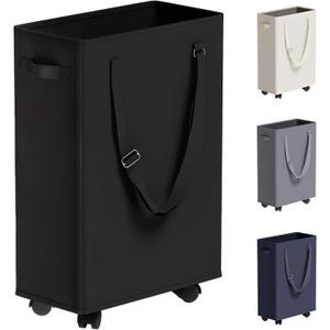 Slim Rolling Laundry Basket, Slim Laundry Hamper with Wheels and Adjustable Long Handles, 45L Small Laundry Baskets with Mesh Top for Bedroom, Closet, and Bathroom - Black