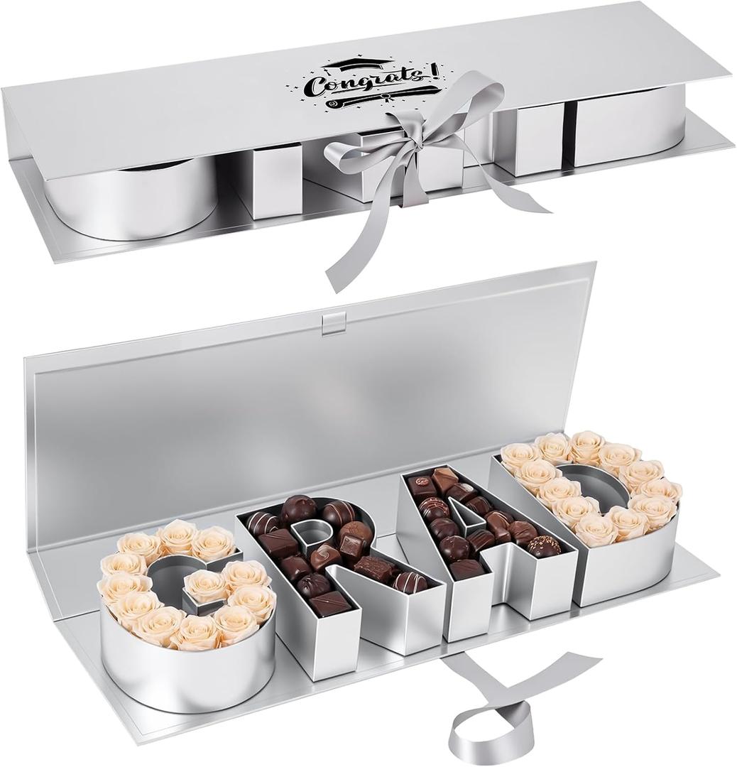 Trandraft Graduation Flower Gift Box Empty Grad Letter Large Flower Box with Ribbon Chocolate Rose Bouquet Package for Graduation Birthday Class Reunion Party Favor Supplies(Sliver,with Logo)