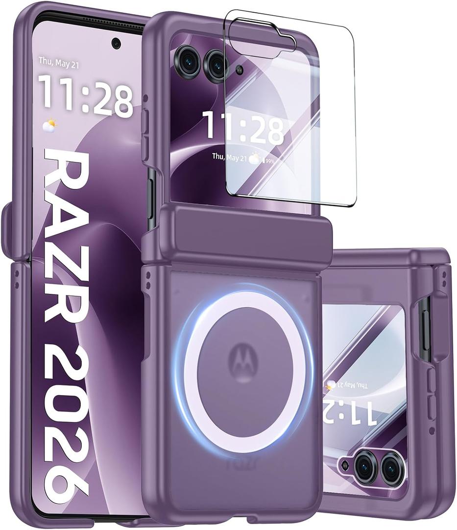 Magnetic for Motorola Razr 2026 Case with Hinge Protection, Screen Protector, Compatible with MagSafe,Skin Feel Translucent Frosted, Shockproof Slim Cover for Moto Razr 2026-Purple