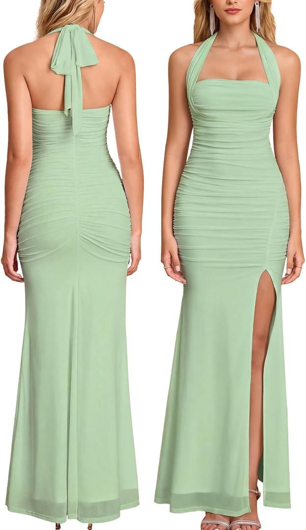 Women Bodycon Maxi Dress High Slit Halter Tie Ruched Long Formal Cocktail Wedding Guest Dresses (Green, S)