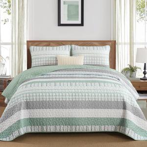 DJY Striped Quilt Set King Size, Sage Green Boho Bedspread Set 3 Pieces Patchwork Coverlet Bedding Set Lightweight Soft Microfiber for All Season (104"x90") (Aqua)
