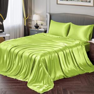 Vonty Satin Sheets Queen Silky Soft Satin Bed Sheets Lime Green Sheet Set, 1 Deep Pocket Fitted Sheet + 1 Flat Sheet + 2 Pillowcases