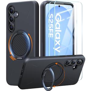 JAME for Samsung Galaxy S25 FE Case, Ring Holder Stand Kickstand, 2 Packs Screen Protector, Dual Layer Shockproof Protective Cover, Magnetic Accessory Friendly Galaxy S25 FE Phone Case, Black