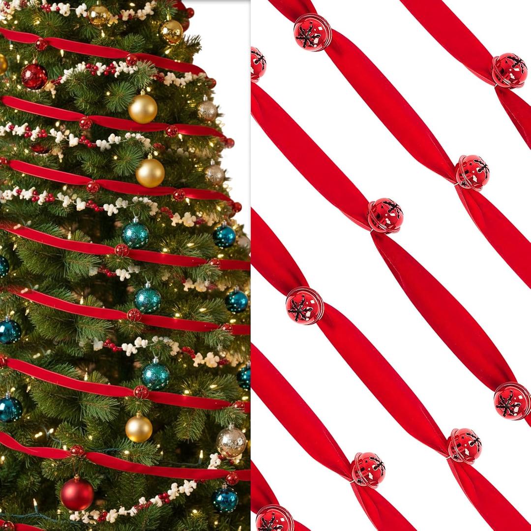 6 Yards Red Velvet Christmas Tree Garland with 36 Jingle Bells, Velvet Bell Garland Ribbon for Christmas Tree Vintage Xmas Ornaments for Home Wreath Staircase Party Holiday Decor