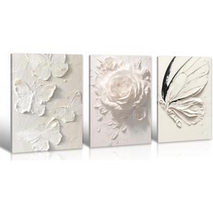 JiazuGo White Butterfly Wall Decor - Modren Butterfly Flower Nursery Canvas Wall Art Contemporary Abstract Art Oil Painting Prints Bathroom Bedroom Home Decorations 2"W x 16"H (3 Pieces), Butterfly Flower