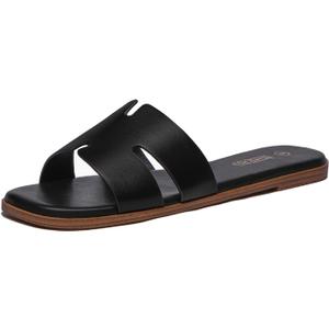 Rihero Women's Dressy Flat Sandals Comfortable Slip On Leather Slide Sandals, 7