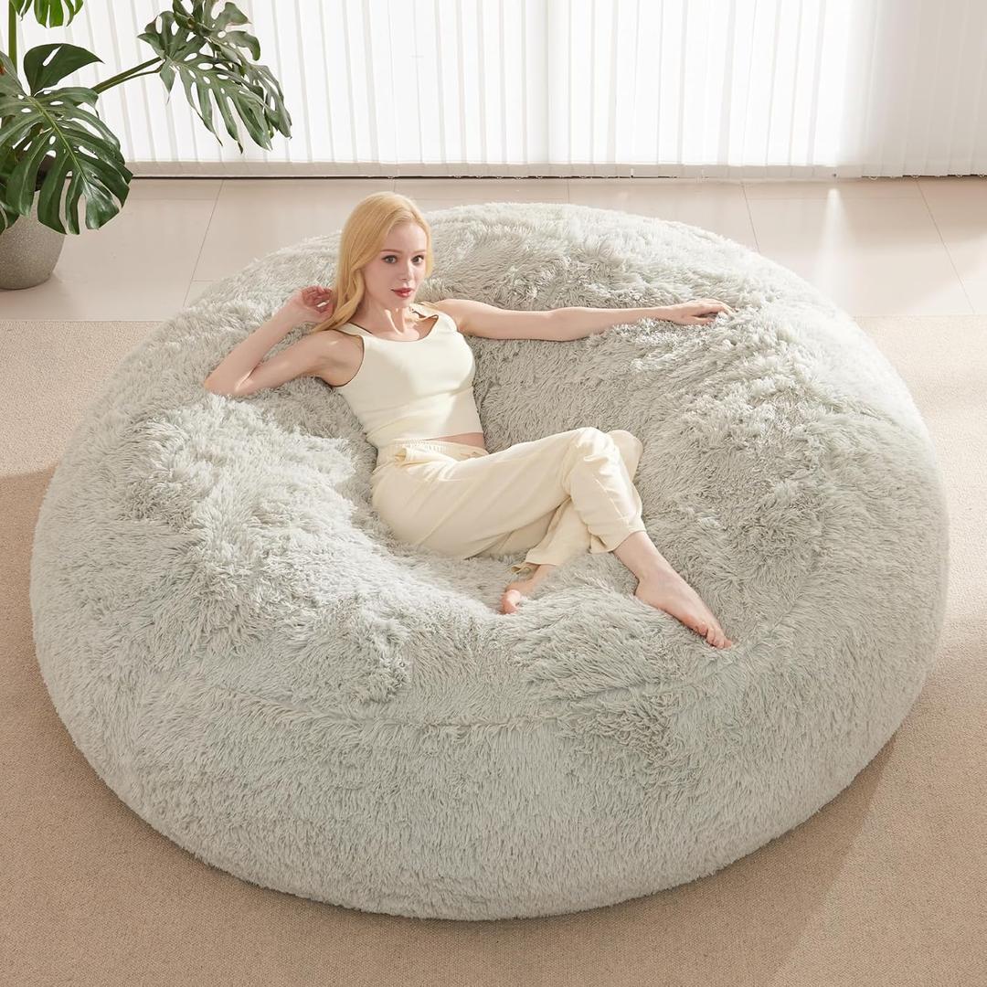 Bean Bag Chair Cover, Waterproof Faux Fur Bean Bag Cover Only (No Filler), 5FT Round Beanbag Cover with Pocket, Big Giant Bean Bags Covers for Adults Kids Teens, Stuffed Animal Storage
