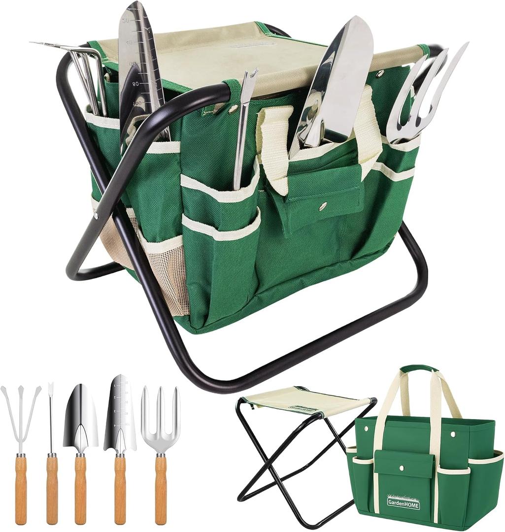 GardenHOME 7-Piece Green Gardening Tool Set Stainless Steel Tools with Wooden Handles, Folding Stool & Canvas Tote, Durable Garden Kit for Every Gardener