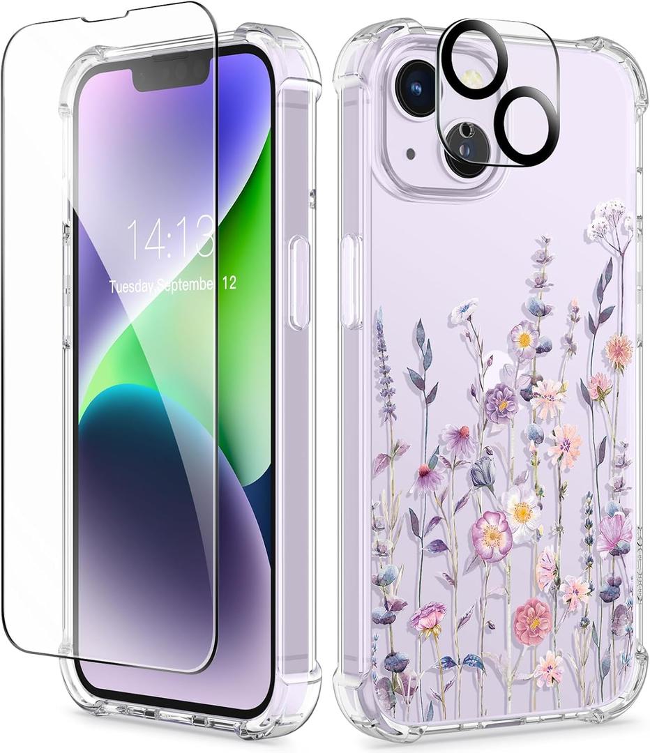 GVIEWIN for iPhone 14 Plus Case Floral, with Screen Protector+Camera Lens Protector,[Non Yellowing] Soft Shockproof Clear Phone Protective Cover Women, Flower Pattern Design 6.7"(Floratopia/Colorful)