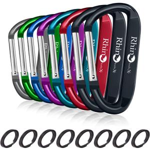 Rhino Produxs 8PCS of Lightweight Duty Snap Carabiner Clips, D Ring Shape Carabiner with 8PCS Keyring - Excellent for Outdoor, Camping, Hiking, Keychains, Water Bottle, Keychain Hook (Lightweight Black+ Grey + Green + Blue + Purple + Red + Dark Blue)