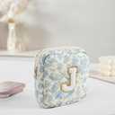 JOVAKIT Small Quilted Alphabet Makeup Bag Cosmetic Bag for Women, Gifts for Girls Age 2-16, Floral Flowers Cotton Travel Toiletry Pouch, Zipper Make Up Lipstick Data Cable Organizer Bag (Blue J)