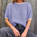 Saodimallsu Womens Puff Short Sleeve Sweater Tops Spring Summer Color Block Ribbed Knit Crew Neck Going Out Shirts Purple (Purple)