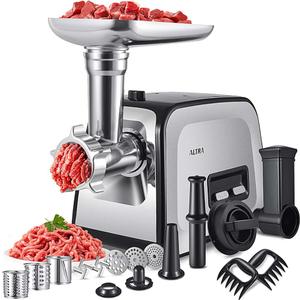 ALTRA LIFE Electric Meat Grinder, 2800W Max Heavy Duty Sausage Stuffer with Rotary Cheese Grater Set, 2 Blades, 3 Plates, Sausage Tube, Kibbe, Burger Press & Meat Claw for Home, Built-in Storage model az-mg090m
