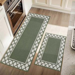 COSY HOMEER Washable Kitchen Rugs Sets of 2 Non-Slip Kitchen Mats for Floor Absorbent Kitchen Runner Rug for Kitchen Carpet,Sink Mat and Laundry, 20"x30"+20"x48",Green