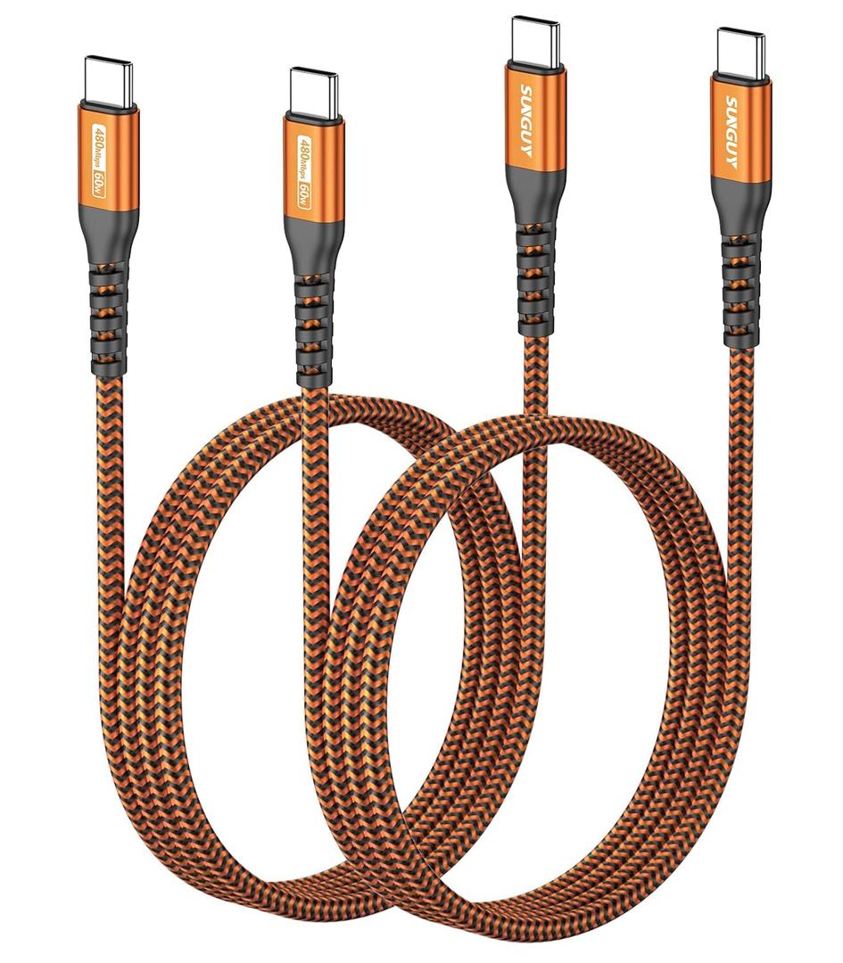 SUNGUY 60W USB-C to USB-C Cable, [2Pack, 2FT] Type C Fast Charger Cable for iPhone 17 16 15 Pro Max, Galaxy S25/S24/S23/S22 Ultra/Z Fold 3, iPad Pro/Air 2020, MacBook Air/Pro (Orange)