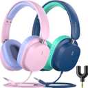 2 Pack Kids Headphones with Sharing Splitter, Stereo Sound Over-Ear Wired Headphones for Kids, Comfortable Fit, Foldable,Tangle-Free 3.5mm Jack Heaphones for School Tablet/Laptop/Computer (Blue+Pink)