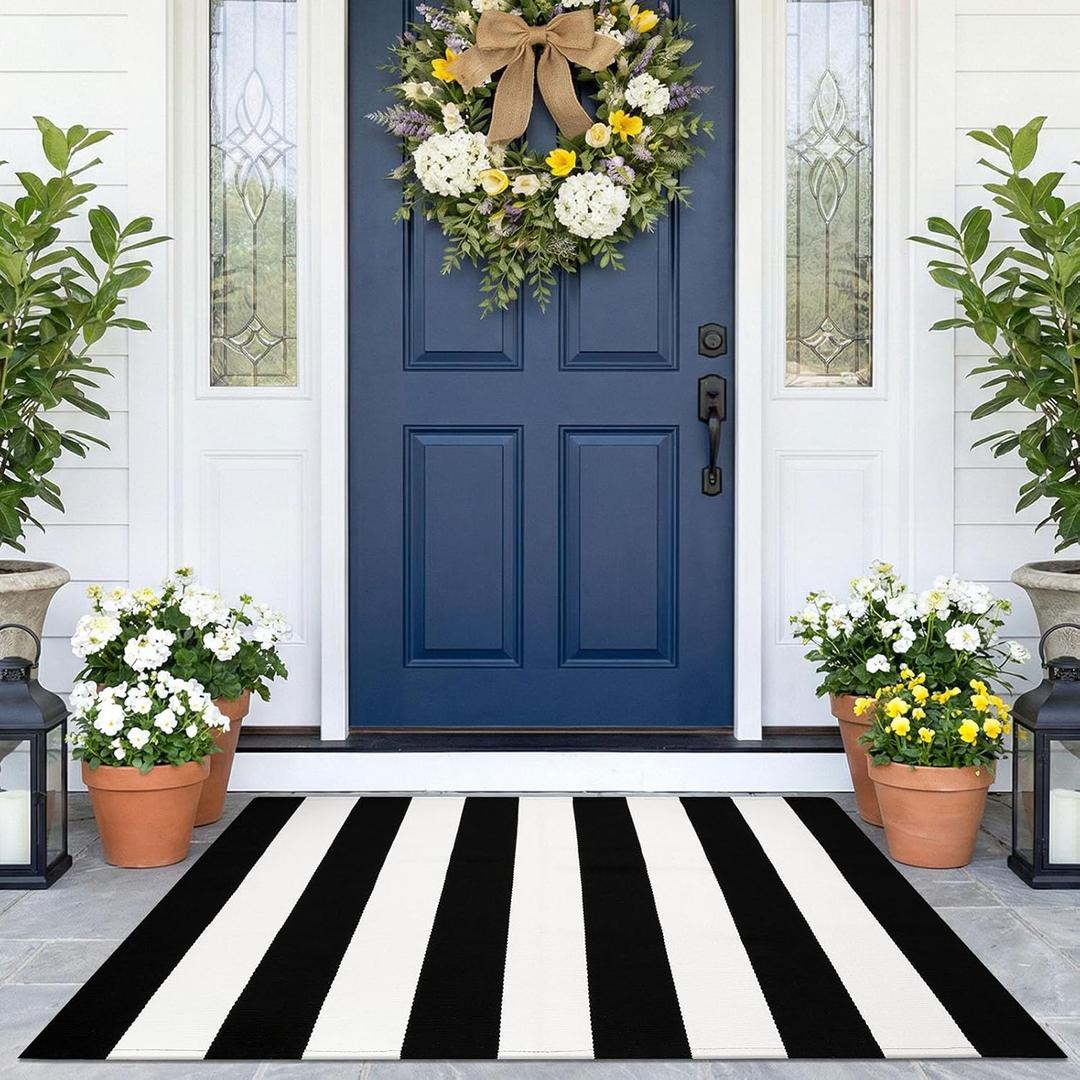 KOZYFLY Black and White Area Rug 27.5x43 Inches Striped Front Door Rug Cotton Washable Indoor Outdoor Rug Doormats Outdoor Small Striped Rugs for Kitchen Entryway Patio Front Porch Decor