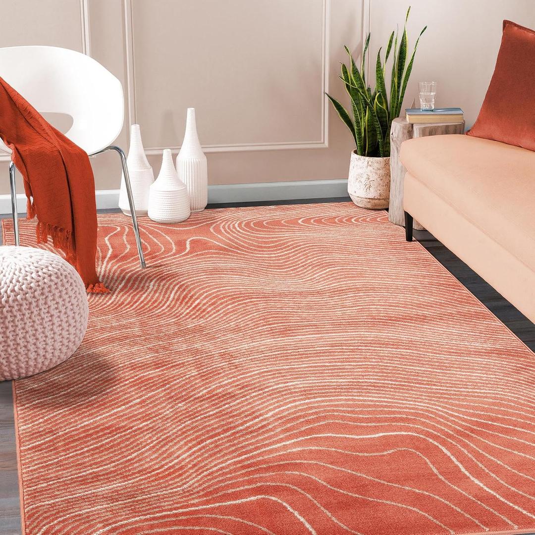 Superior Indoor Area Rug, Jute Backing, Plush Carpet Cover, for Hallways, Entry, Office, Plush Floor Cover, Modern Wood Grain, Abstract Lines, Veer Collection, 5' x 8', Coral
