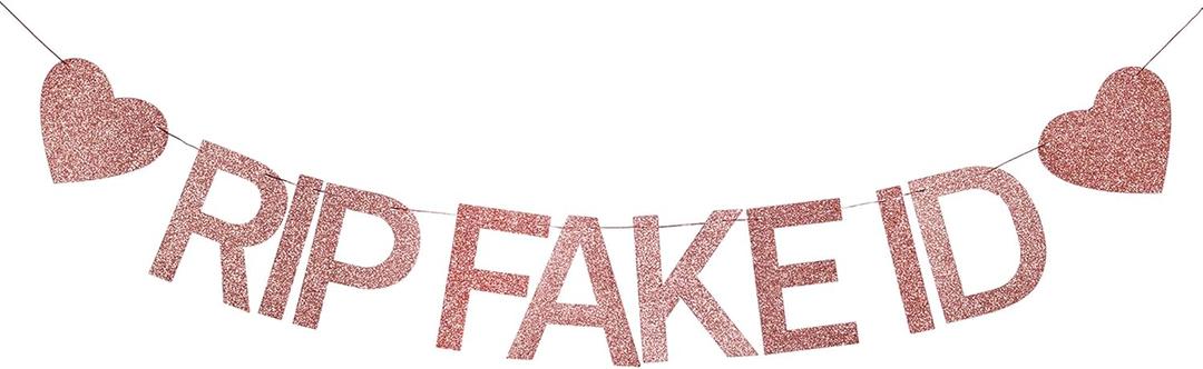 5 x 21st Birthday Decorations for Her, Pre-Strung RIP FAKE ID Banner -Rose Gold Glitter, Happy 21 Year Old Party Birthday Sign gifts