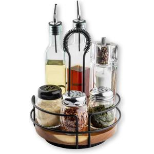 Tablecraft Round Rotating Tabletop Caddy, Acacia Wood and Metal Condiment 8" Seasoning, Sauces, Spice and Shaker Organizer, Restaurants, Cafes, and Commercial Foodservice Display Use