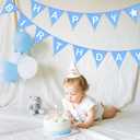 GCQQ Blue Happy Birthday Banner 14PCS Double-Layer Cotton Fabric Bunting 11.2FT Reusable Pennant Nursery Garlands with Pom Poms for Kids Boy Birthday Party Baby Shower Winter Wonderland Decorations