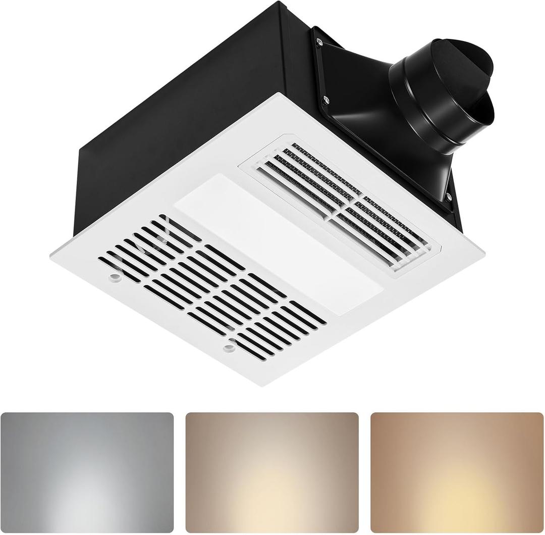 VEVOR Bathroom Exhaust Fan with Light and Heater, 80-90-110 CFM 1500W Bathroom Vent, 1.5 Sones Low-Noise, Premium DC Motor Ceiling Fan for Laundry Room, Storage Room, Home Ventilation, White