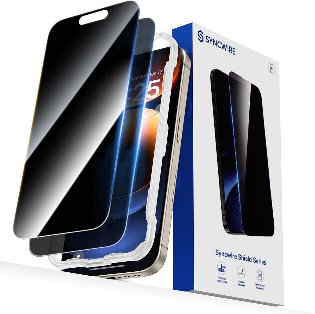 SYNCWIRE Privacy Screen Protector for iPhone 15 Pro 6.1''[2-Pack], Unbreakable True 28 Anti Spy Tempered Glass Saver Black [Easy Installation Frame] [9H Hardness] [Bubble Free] [Sensitive Touch]