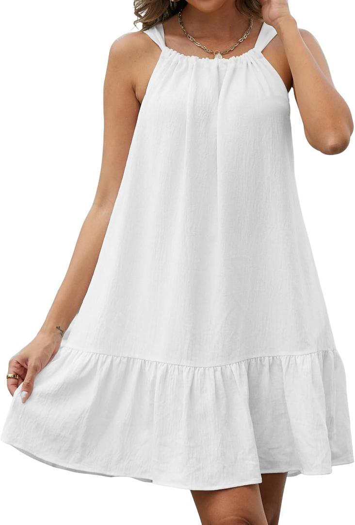 Eddoyee Women Beach Swimsuit Coverup Sleeveless Backless Vacation Cover Ups Ruffle Flowy Dress with Pockets (White, M)