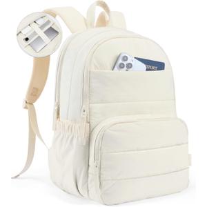 Uselike Travel Backpack for Women, 15.6 Inch Laptop Backpack, Quilted College Bookbag, Cute Work Backpacks, Water Resistant, Beige