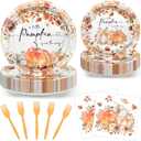 Avezano 96 pcs Fall Baby Shower Decorations Pumpkin Bow Plates and Napkins Disposable Tableware Set Watercolor Floral Little Pumpkin Baby Shower Decorations, Serves 24