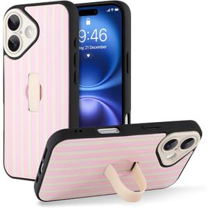 KANGHAR for iPhone 16 Case Stand White and Pink Stripes Full Body Rugged Shockproof Protection Glossy Protective Slim Case 6.1 Inch